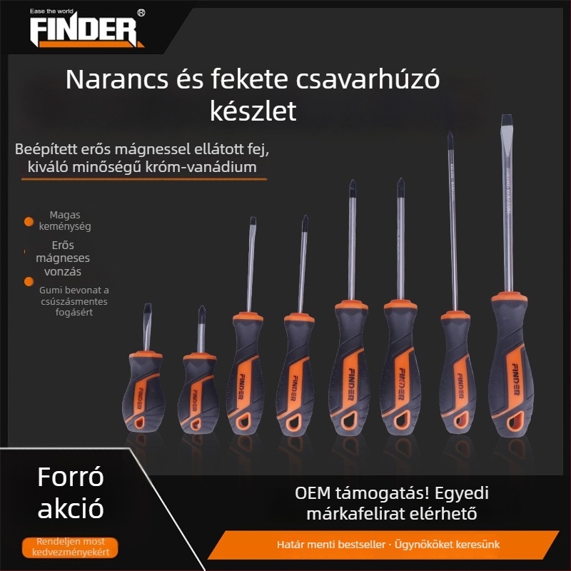 FINDER Narancs–fekete markolású csavarhúzó készlet, erős mágneses Phillips és laposfejű csavarhúzók háztartási javításokra