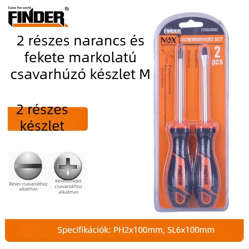 FINDER Narancs–fekete markolású csavarhúzó készlet, erős mágneses Phillips és laposfejű csavarhúzók háztartási javításokra
