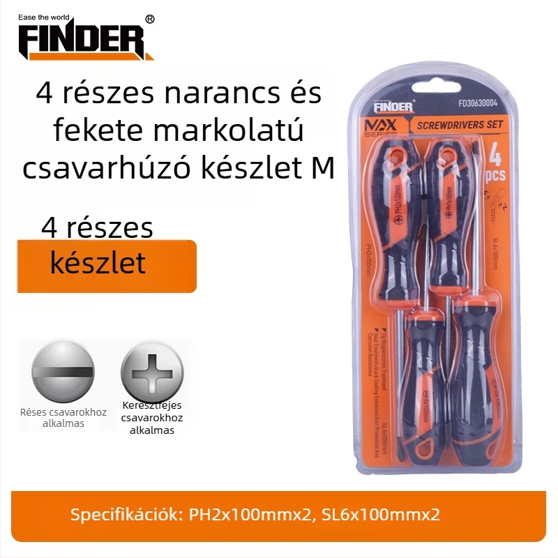 FINDER Narancs–fekete markolású csavarhúzó készlet, erős mágneses Phillips és laposfejű csavarhúzók háztartási javításokra