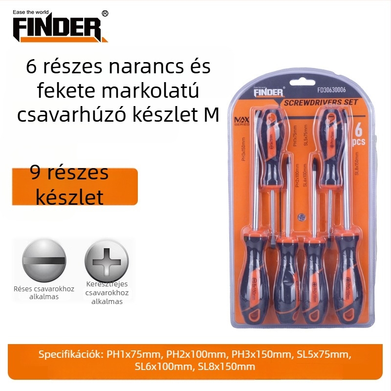 FINDER Narancs–fekete markolású csavarhúzó készlet, erős mágneses Phillips és laposfejű csavarhúzók háztartási javításokra