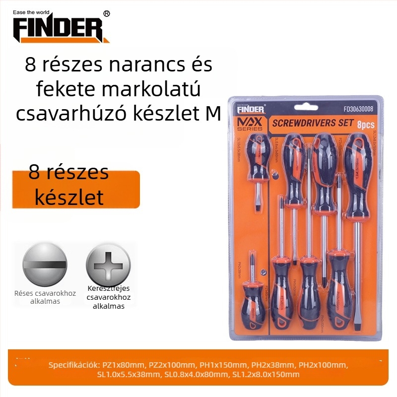 FINDER Narancs–fekete markolású csavarhúzó készlet, erős mágneses Phillips és laposfejű csavarhúzók háztartási javításokra