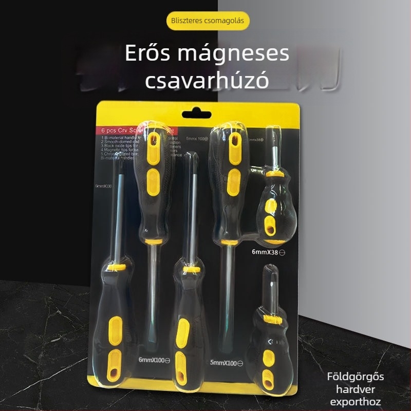 Ipari minőségű csavarhúzó készlet keresztes fejű, S2 ötvözetű acél, mágneses, gumírozott markolat