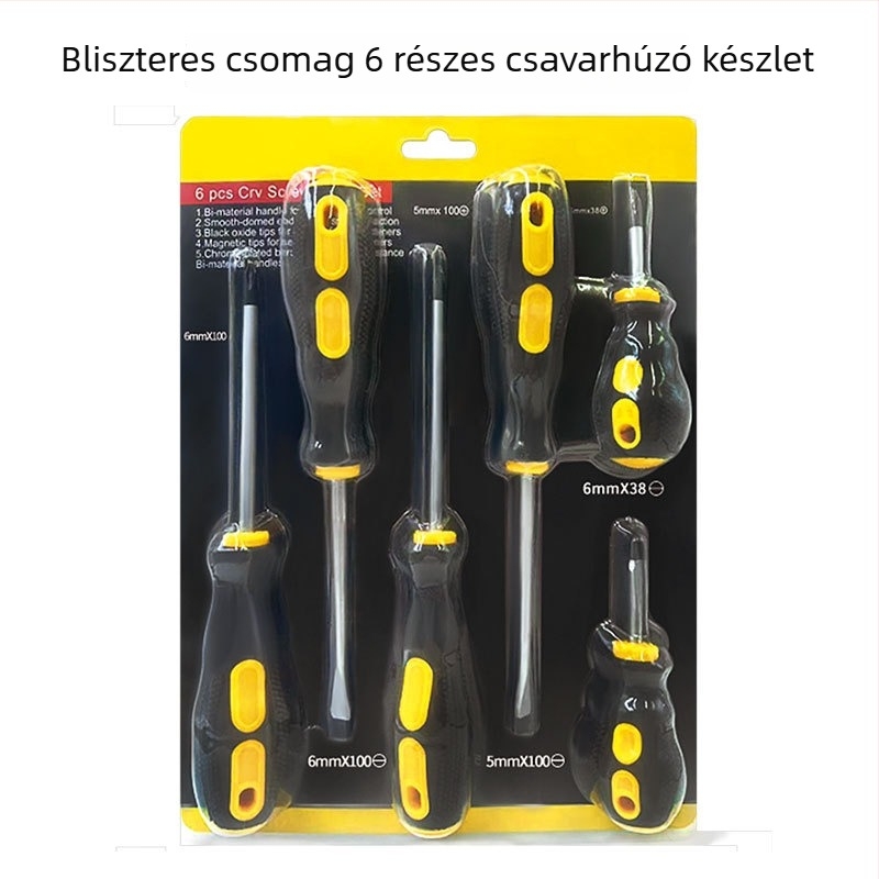 Ipari minőségű csavarhúzó készlet keresztes fejű, S2 ötvözetű acél, mágneses, gumírozott markolat