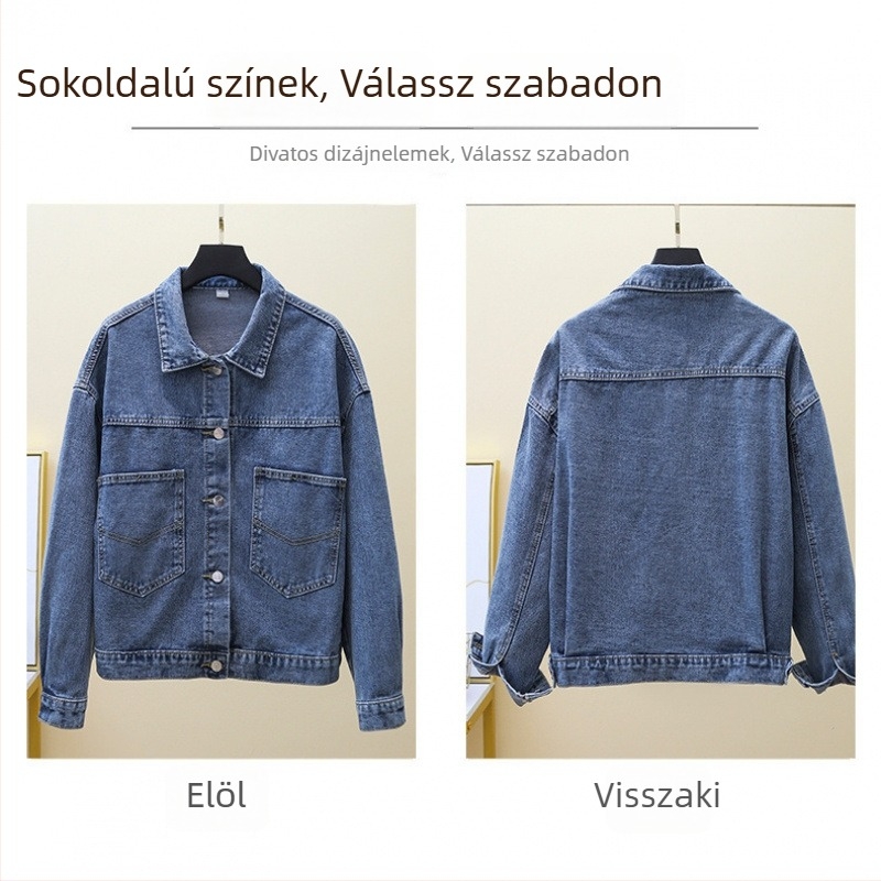 Női koreai stílusú farmerdzseki, laza szabás, hosszú ujjú, polo gallér, ősz 2025