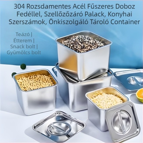 Vastagított rozsdamentes acél fűszertartó fedővel, lezárt konyhai tárolóedény fűszerekhez, büfé tároló