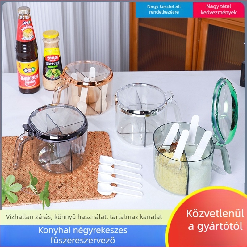 Nyomó típusú fűszeres doboz négy rekeszes, átlátszó fedéllel és kanállal – műanyag – Lu xiaoshuai