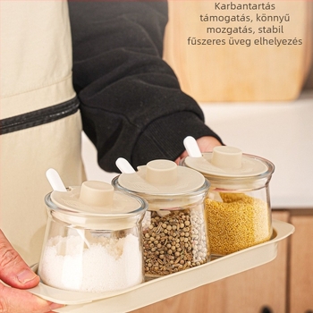 Üveg fűszertartó készlet fedővel, nedvességálló, tartóaljával, szilárd fűszerekhez, például sóhoz és csirke-esszenciához