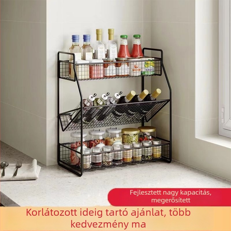 Vasból készült fűszerpolc, padlón álló és falra szerelhető, többszintes konyhai szervező