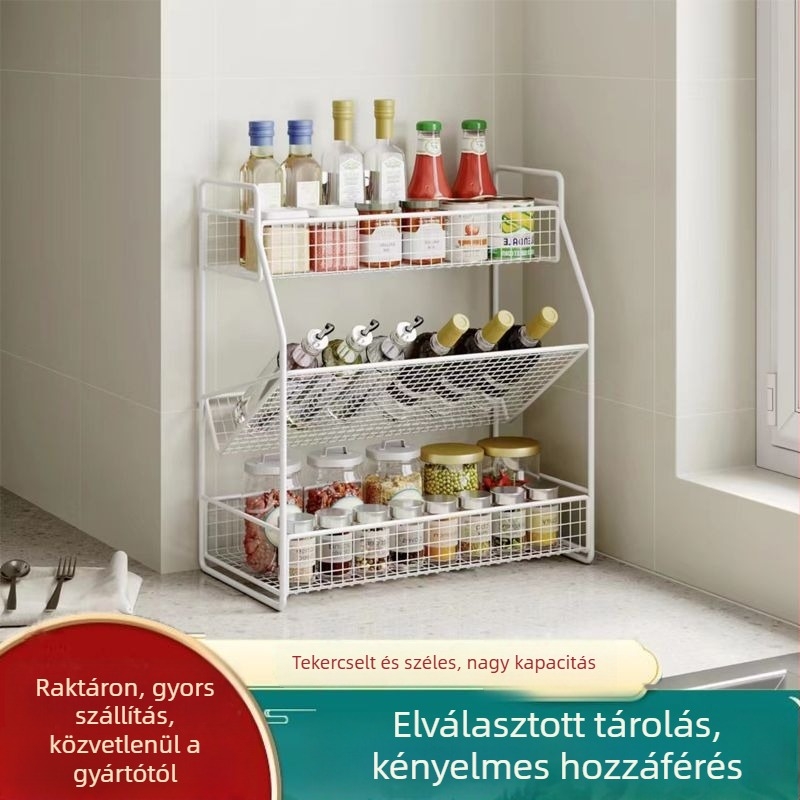 Vasból készült fűszerpolc, padlón álló és falra szerelhető, többszintes konyhai szervező