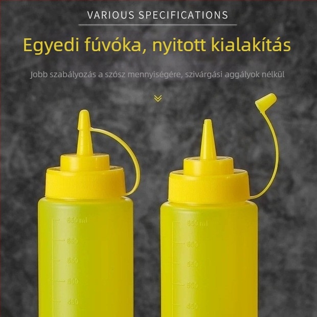 Műanyag töltő- és ízesítő üvegek hegyes kimenettel; dzsemhez és salátához való üvegek, konyhai kiegészítők
