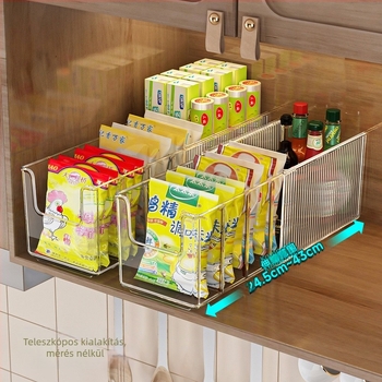 Asztali kihúzható nassolnivaló és fűszerek tárolója, konyhai rendező több rekesszel, műanyag, fúrás nélküli szerelés