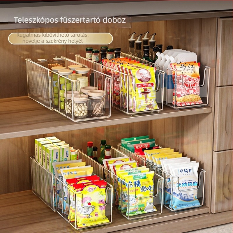 Asztali kihúzható nassolnivaló és fűszerek tárolója, konyhai rendező több rekesszel, műanyag, fúrás nélküli szerelés