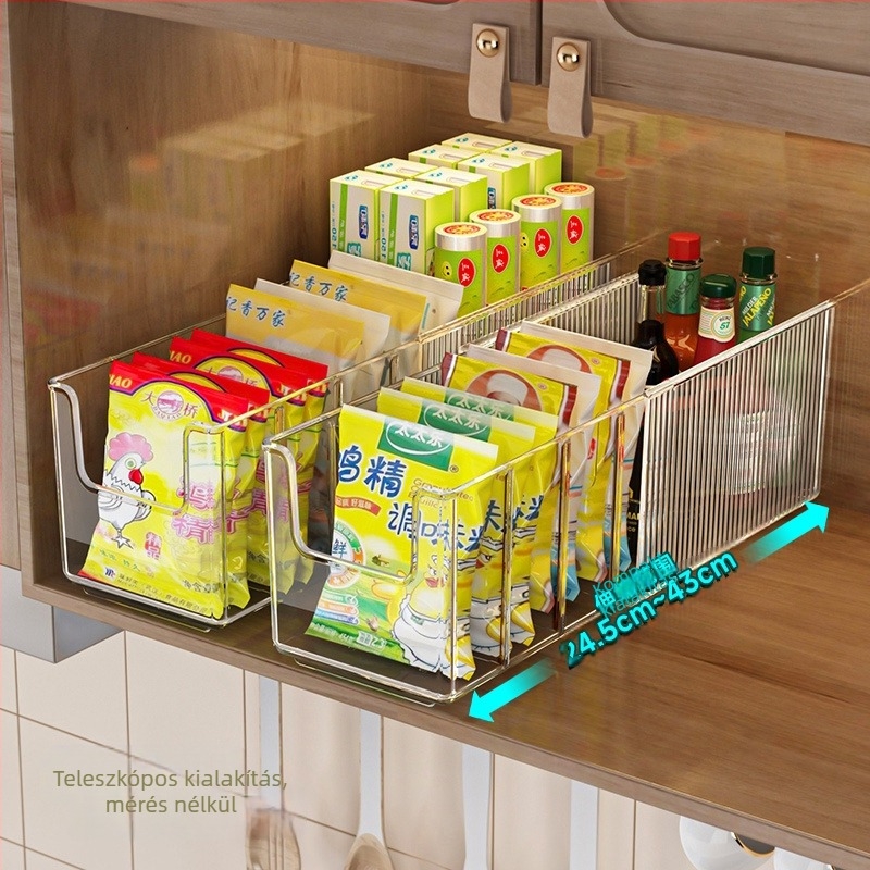 Asztali kihúzható nassolnivaló és fűszerek tárolója, konyhai rendező több rekesszel, műanyag, fúrás nélküli szerelés