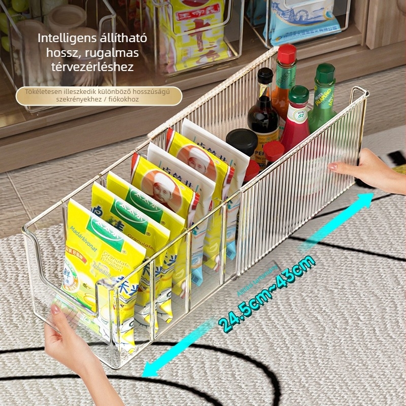 Asztali kihúzható nassolnivaló és fűszerek tárolója, konyhai rendező több rekesszel, műanyag, fúrás nélküli szerelés