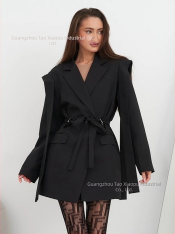 Női blézer derékon fűzővel, klasszikus gallér, hosszú ujjú, poliészter, rövid fazon