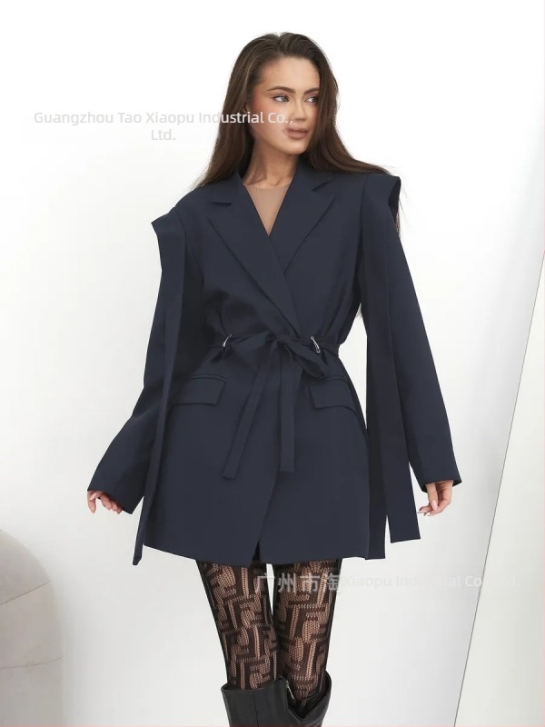 Női blézer derékon fűzővel, klasszikus gallér, hosszú ujjú, poliészter, rövid fazon