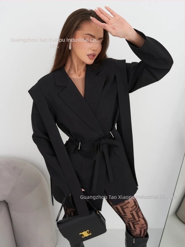 Női blézer derékon fűzővel, klasszikus gallér, hosszú ujjú, poliészter, rövid fazon