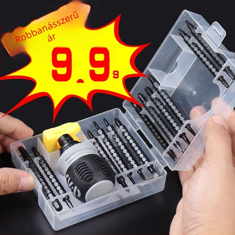 Csavarhúzó készlet reteszes mechanizmussal – kétoldalú fejű bitek, szénacél, konfigurációk 13-in-1 és 26-in-1.