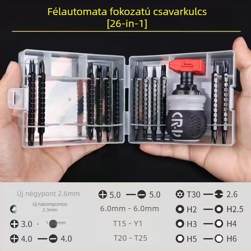 Csavarhúzó készlet reteszes mechanizmussal – kétoldalú fejű bitek, szénacél, konfigurációk 13-in-1 és 26-in-1.