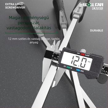 Ipari szintű extrahosszú laposfejű csavarhúzó‑vas, Cr-V acélból, nem szigetelt, nem mágneses, markolat ragasztó anyagból