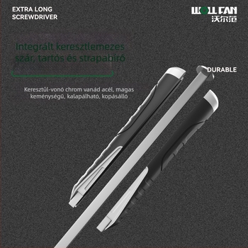 Ipari szintű extrahosszú laposfejű csavarhúzó‑vas, Cr-V acélból, nem szigetelt, nem mágneses, markolat ragasztó anyagból