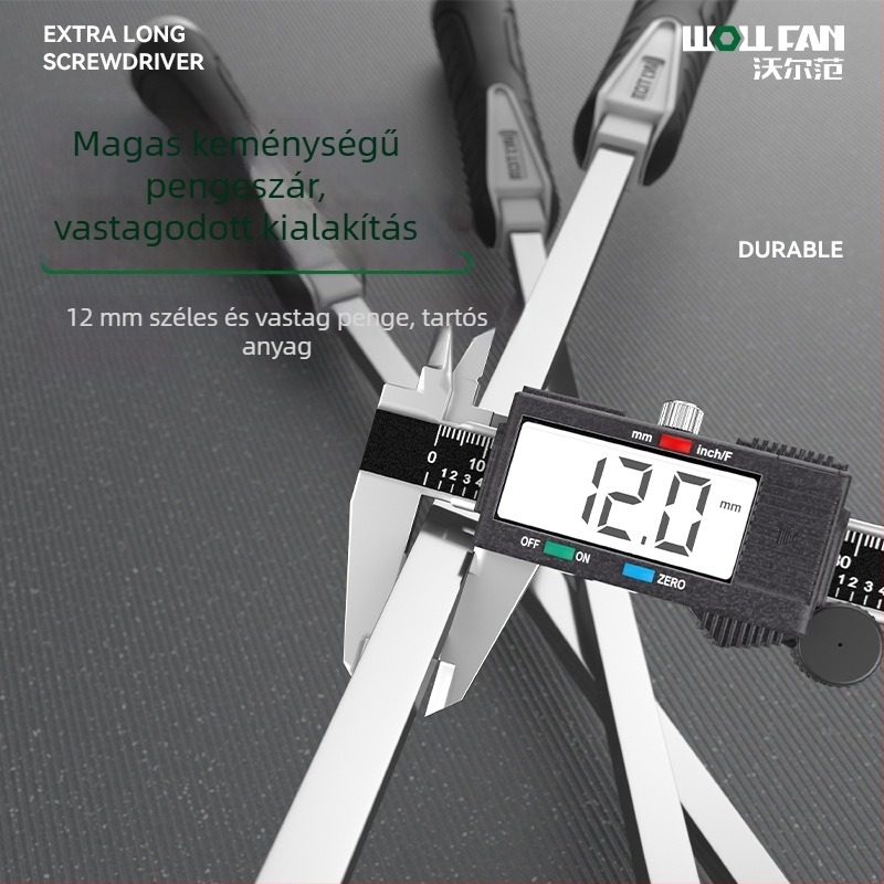 Ipari szintű extrahosszú laposfejű csavarhúzó‑vas, Cr-V acélból, nem szigetelt, nem mágneses, markolat ragasztó anyagból