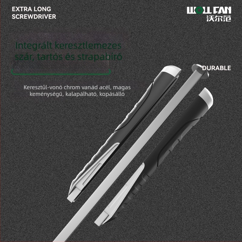 Ipari szintű extrahosszú laposfejű csavarhúzó‑vas, Cr-V acélból, nem szigetelt, nem mágneses, markolat ragasztó anyagból