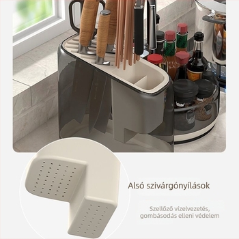 Multifunkcionális konyhai tárolóállvány kés-tartóval és evőeszköz rekeszekkel, forgó felületű tálcával és lefolyó tálcával, műanyag