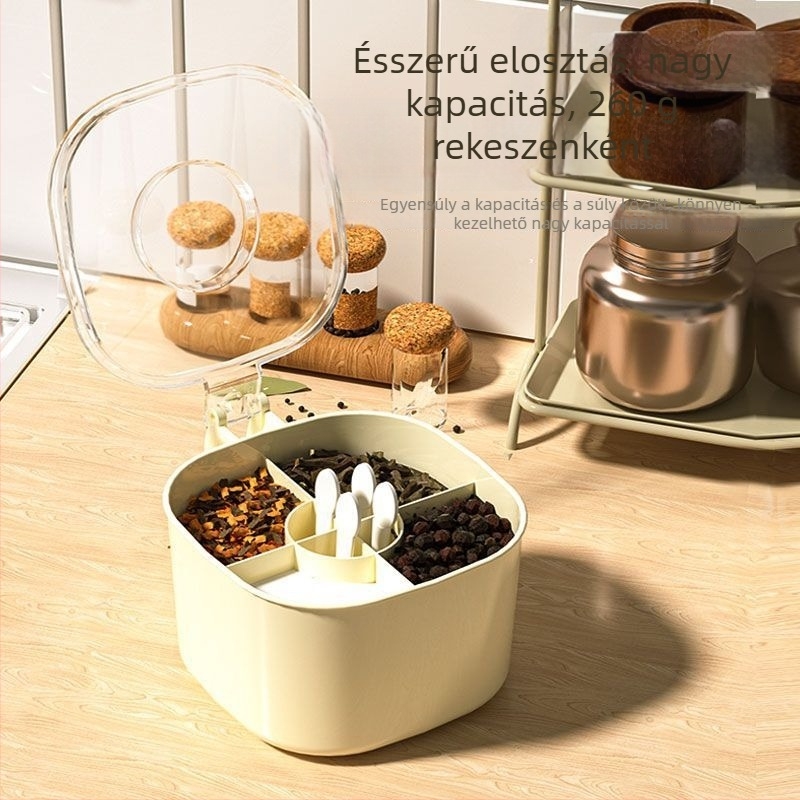 Többrekeszes műanyag fűszertartó készlet fedővel — szilárd fűszerek tárolása, logó nyomtatási lehetőség, prémium kínai stílusú konyhai szervező