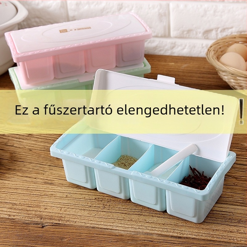 Műanyag konyhai fűszer tároló doboz, négy rekesszel integrált, szilárd fűszerekhez, kanállal, modern dizájn
