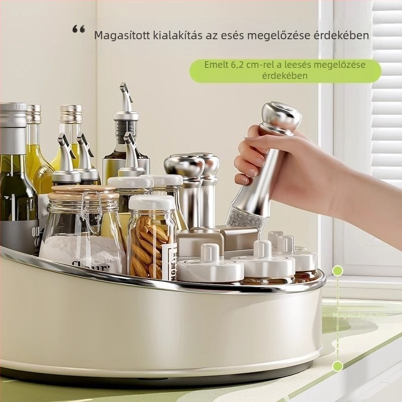 Konyhai pulton forgó fűszertartó, döntött tálcával, multifunkcionális tároló olajhoz, sóhoz, szószhoz és ecethez, szénacélból