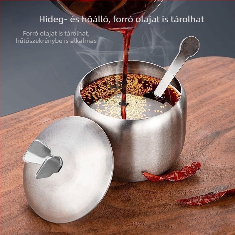 Vastagított rozsdamentes acél fűszertartó csili üveggel, sótartóval és pillangó alakú olajtartóval a konyhába