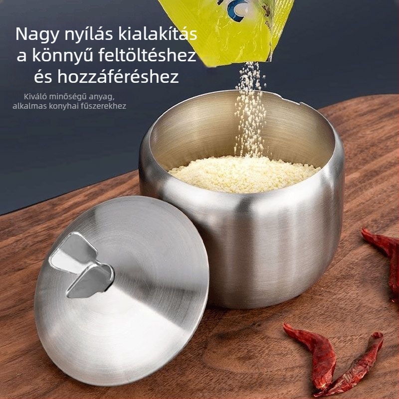 Vastagított rozsdamentes acél fűszertartó csili üveggel, sótartóval és pillangó alakú olajtartóval a konyhába