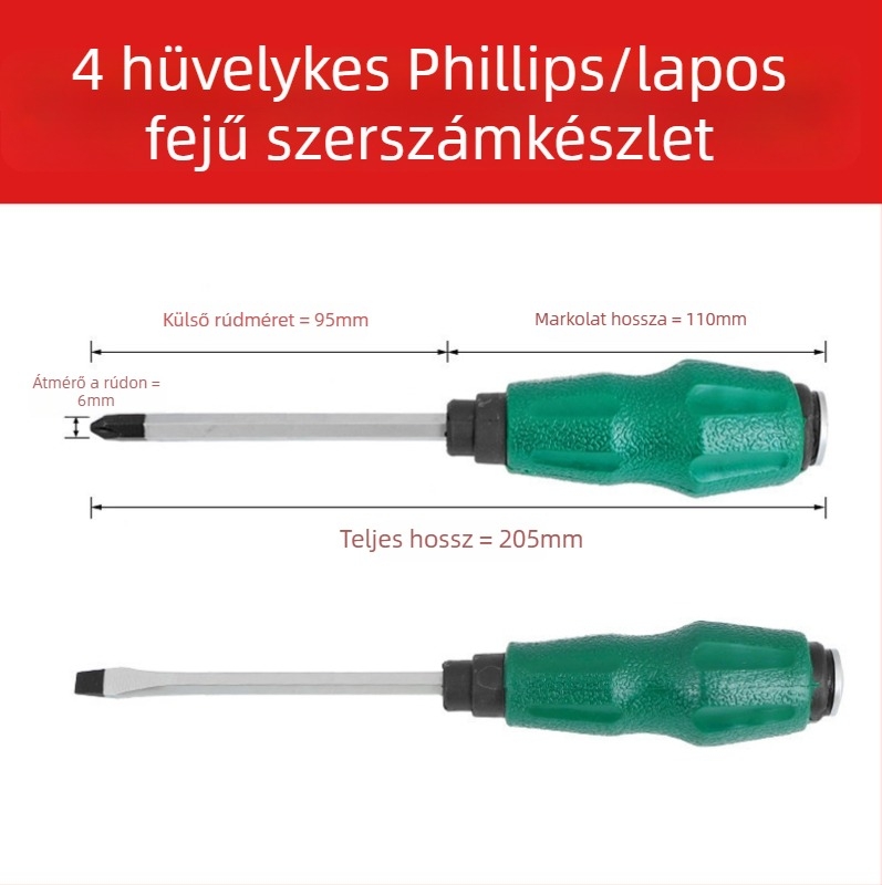 Átfúrt nyelű csavarhúzó, króm-vanádium acél, nagy szilárdság, mágneses, nem szigetelt