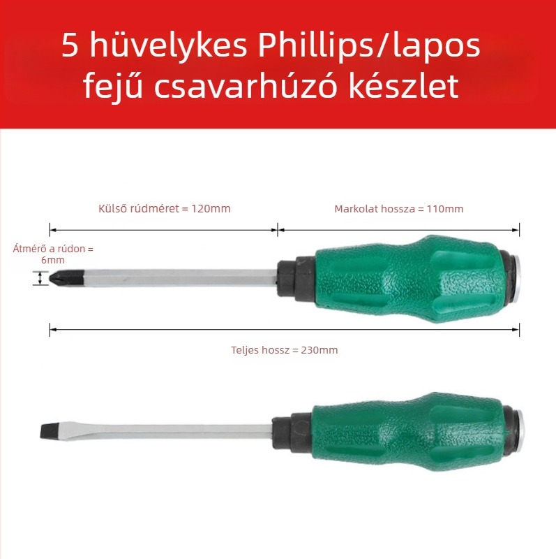 Átfúrt nyelű csavarhúzó, króm-vanádium acél, nagy szilárdság, mágneses, nem szigetelt