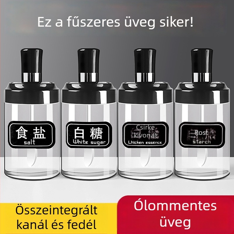 Üveg fűszertartó készlet integrált kanalas fedővel — tartalmaz sótartót, MSG-tartót, szójaszósz üveget