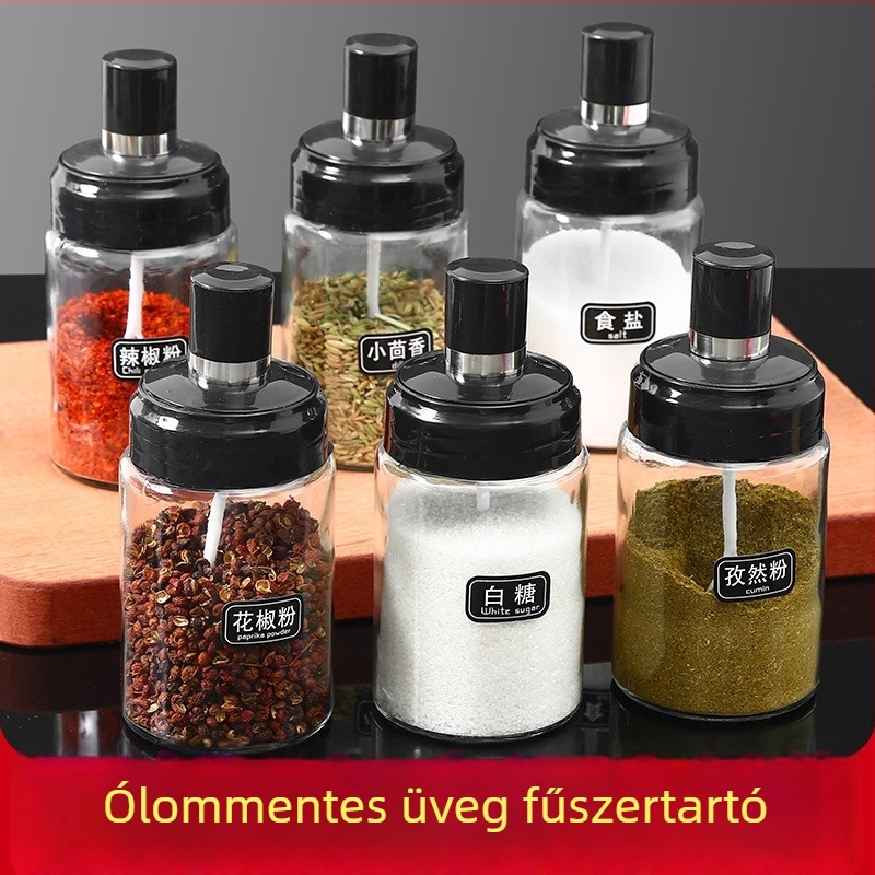 Üveg fűszertartó készlet integrált kanalas fedővel — tartalmaz sótartót, MSG-tartót, szójaszósz üveget