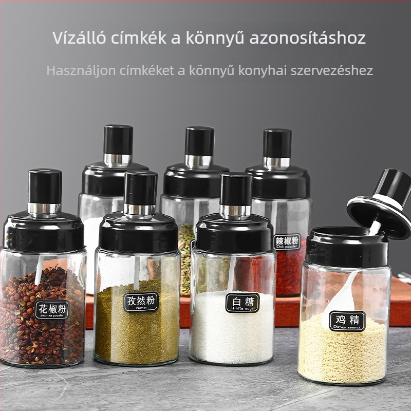 Üveg fűszertartó készlet integrált kanalas fedővel — tartalmaz sótartót, MSG-tartót, szójaszósz üveget