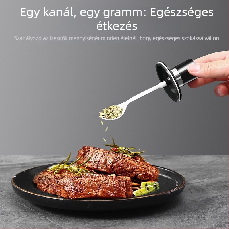 Üveg fűszertartó készlet integrált kanalas fedővel — tartalmaz sótartót, MSG-tartót, szójaszósz üveget