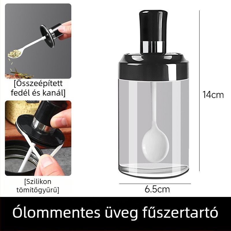 Üveg fűszertartó készlet integrált kanalas fedővel — tartalmaz sótartót, MSG-tartót, szójaszósz üveget