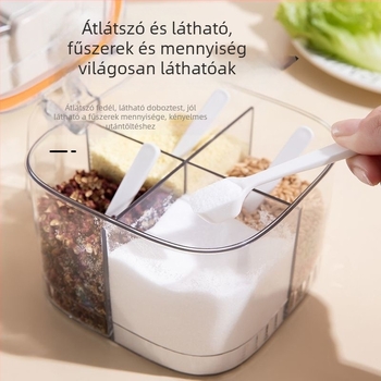 Zárható fűszerdoboz négy rekesszel, integrált sótartóval és MSG-tárolóval – műanyag konyhai fűszerező rendező készlet
