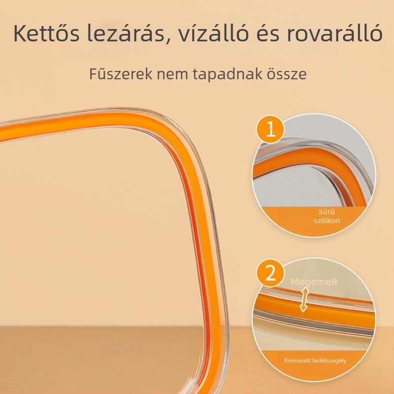 Zárható fűszerdoboz négy rekesszel, integrált sótartóval és MSG-tárolóval – műanyag konyhai fűszerező rendező készlet
