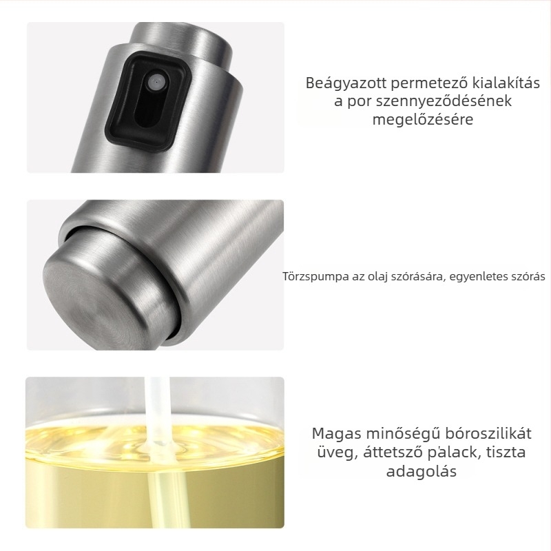 Konyhai olajspray palack, rozsdamentes acél + üveg, nyomógombos permetező, egyszerű és modern stílus