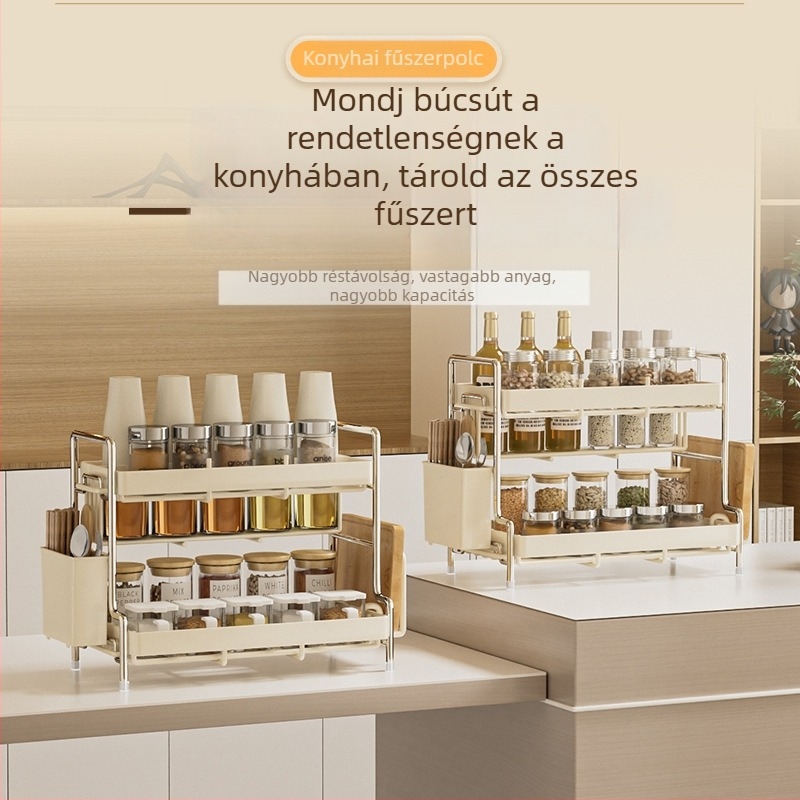 Rozsdamentes acél konyhai fűszertartó és kés-tartó, asztali, több rétegű rendező, fúrás nélkül, modern minimalist stílus