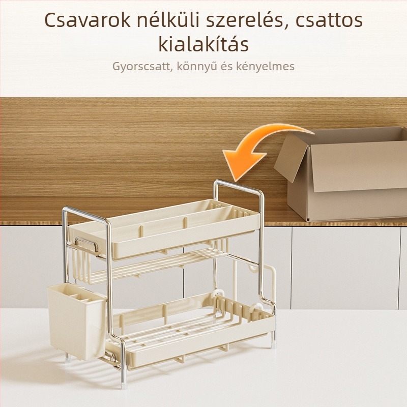 Rozsdamentes acél konyhai fűszertartó és kés-tartó, asztali, több rétegű rendező, fúrás nélkül, modern minimalist stílus