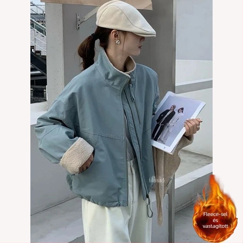 Poliészter dzseki, egyszínű, laza szabás, hosszú ujjú, állálló gallér, vastag anyag, tavasz 2025