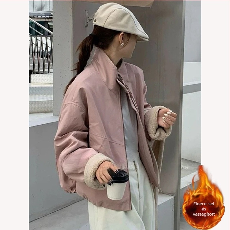 Poliészter dzseki, egyszínű, laza szabás, hosszú ujjú, állálló gallér, vastag anyag, tavasz 2025