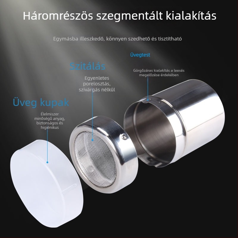 Rozsdamentes acélból készült 40-es hálós cukor-szitája fedővel, finom hálóval, többfunkciós fűszertartó sütéshez