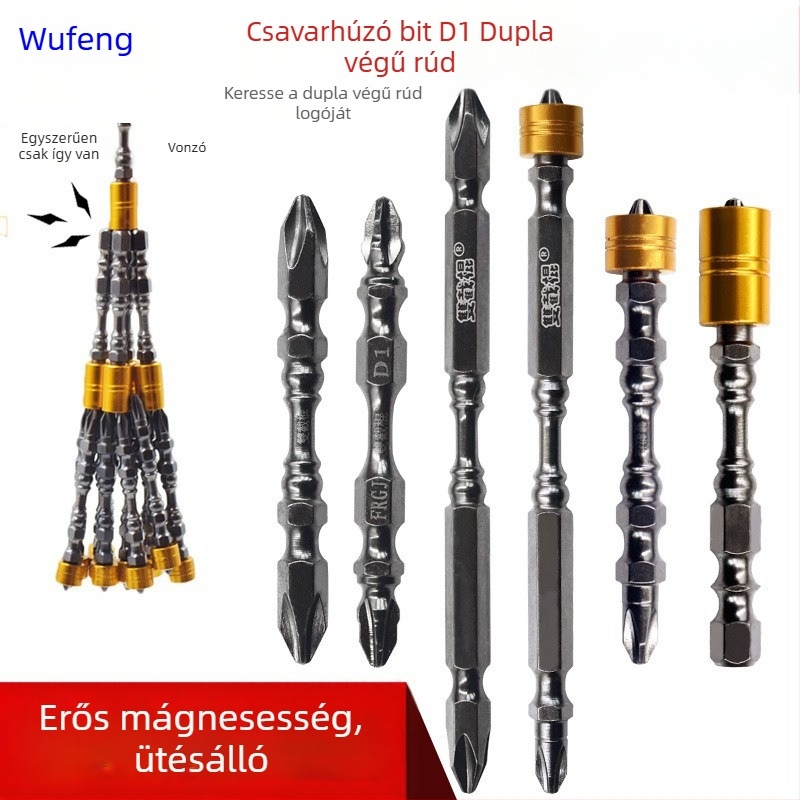 Erős mágneses csavarhúzó bit, kereszthorn Ph2 fej, D1 acél; nunchaku-stílusú bit kettős végű; mágneses gyűrű; hossz 65 mm és 110 mm