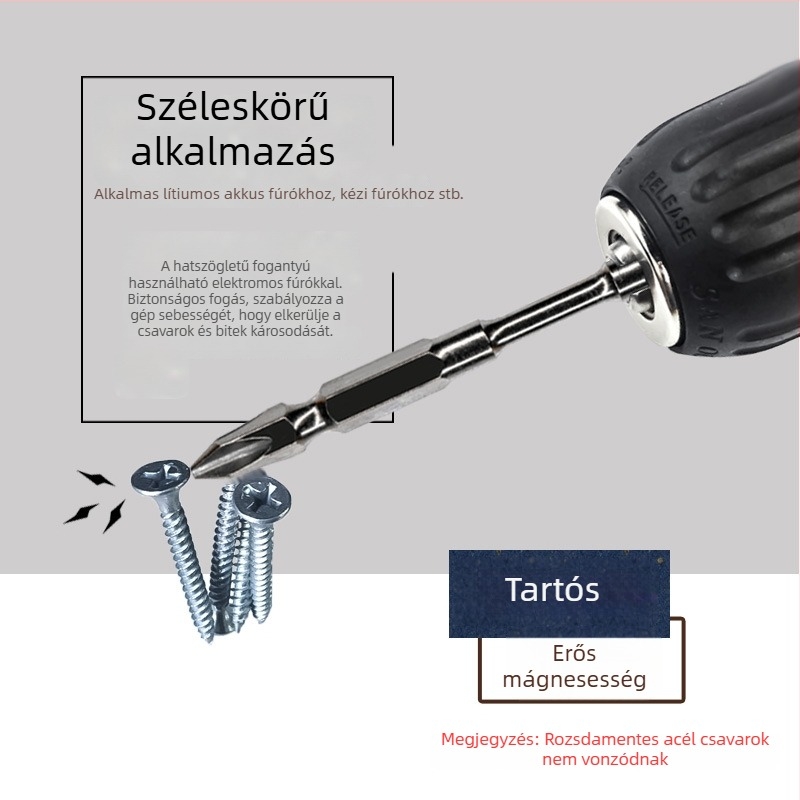 Erős mágneses csavarhúzó bit, kereszthorn Ph2 fej, D1 acél; nunchaku-stílusú bit kettős végű; mágneses gyűrű; hossz 65 mm és 110 mm
